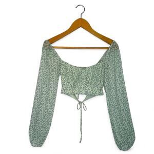 Altar'd State Women's Mesh Long Sleeve Cropped Top XS Pistachio Green Floral 90s